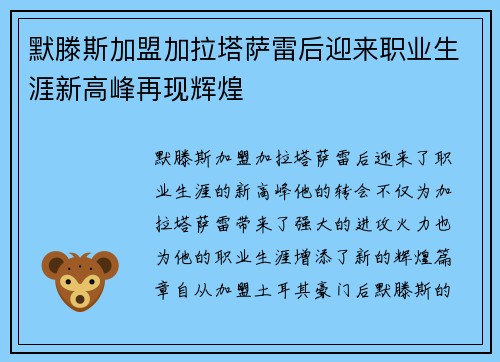 默滕斯加盟加拉塔萨雷后迎来职业生涯新高峰再现辉煌 默滕斯加盟加拉塔萨雷后迎来职业生涯新高峰再现辉煌
